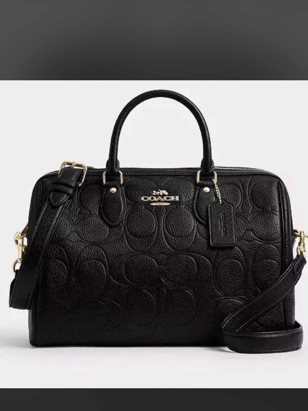 Coach Black Embossed Signature Leather Satchel with Shoulder Strap